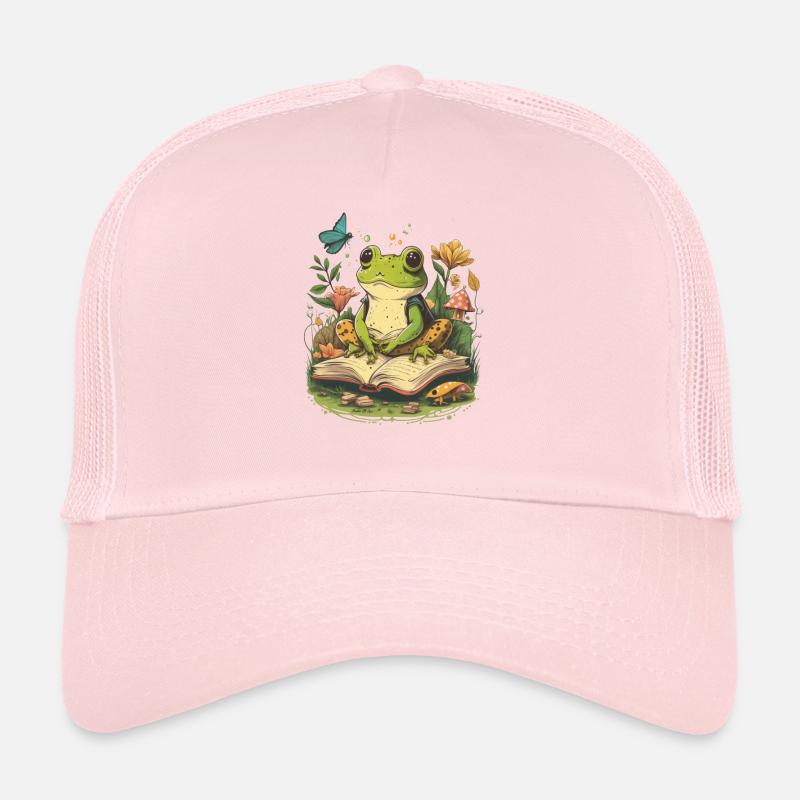 White Cottagecore Aesthetic Mushroom Frog Reading Trucker Cap