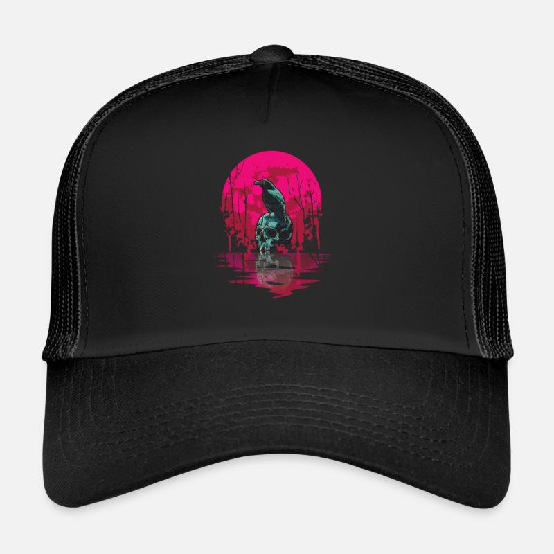 Gotischer Schädel-roter Mond-schwarze Krähe - Trucker Cap - Schwarz/Schwarz