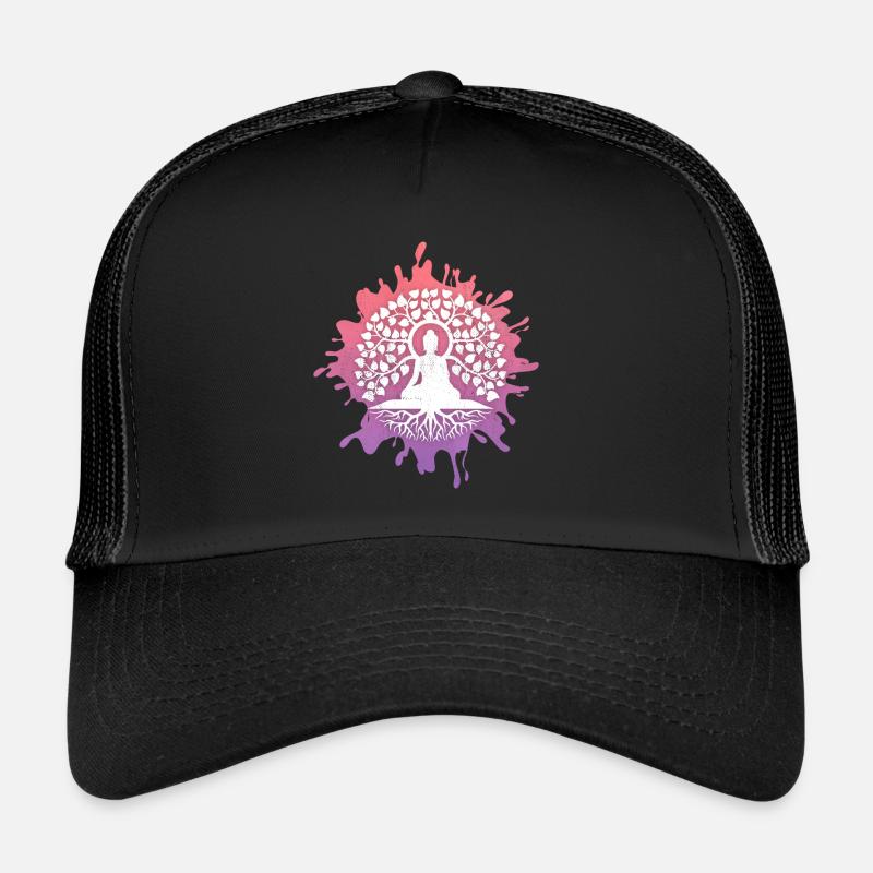 Yoga, Buddha mit Lebensbaum, Bodhi-Baum - Trucker Cap - Schwarz/Schwarz