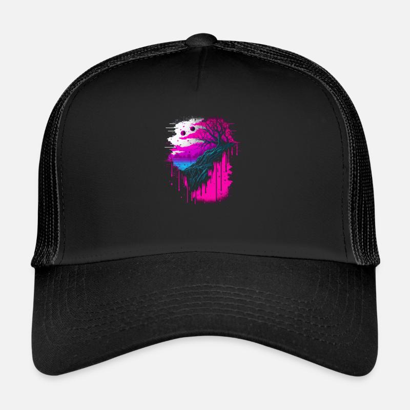 Vaporwave Abstract Landscape Moon Tree Waterfall Trucker Cap