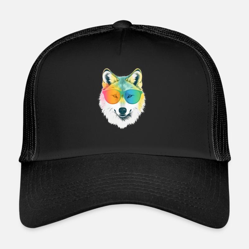 Weißer Wolf Regenbogen Sonnenbrillenrahmen Wölfe Grafik Trucker Cap