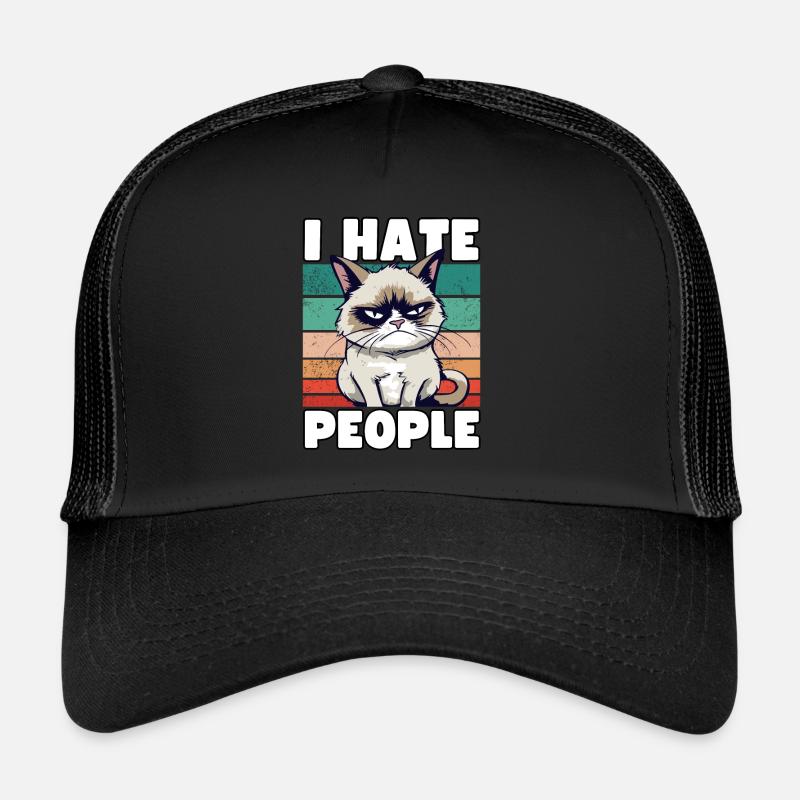 Sarkastische Grump Cat - I Hate People - Spruch - Trucker Cap - Schwarz/Schwarz