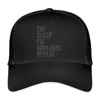 Essen, schlafen, Flugzeuge reparieren, Flugzeugmechaniker wiederholen - Trucker Cap - Schwarz/Schwarz - Vorne