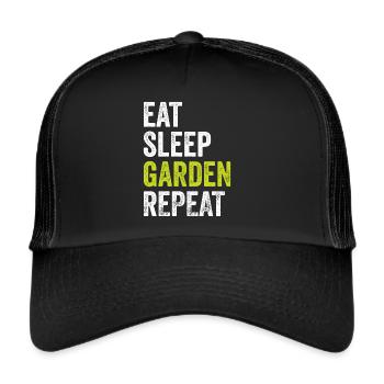 Essen, Schlafen, Garten, Wiederholen, Gärtnern - Trucker Cap - Schwarz/Schwarz - Vorne