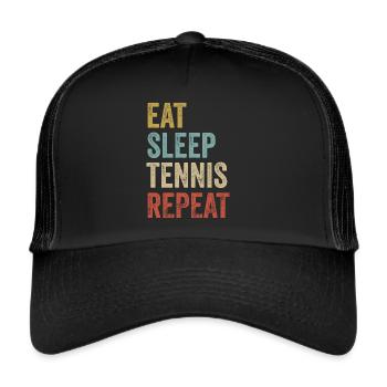 Essen Schlafen Tennis Wiederholen Tennisspieler anwesend - Trucker Cap - Schwarz/Schwarz - Vorne