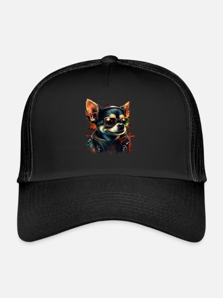 Chihuahua | Motard | Moto | Chien | Papa | - Casquette trucker  - noir/noir - Devant