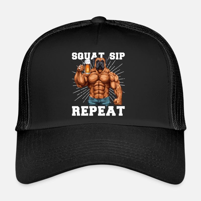 Bodybuilder Gym Bier Squat Sip Repeat Trucker Cap