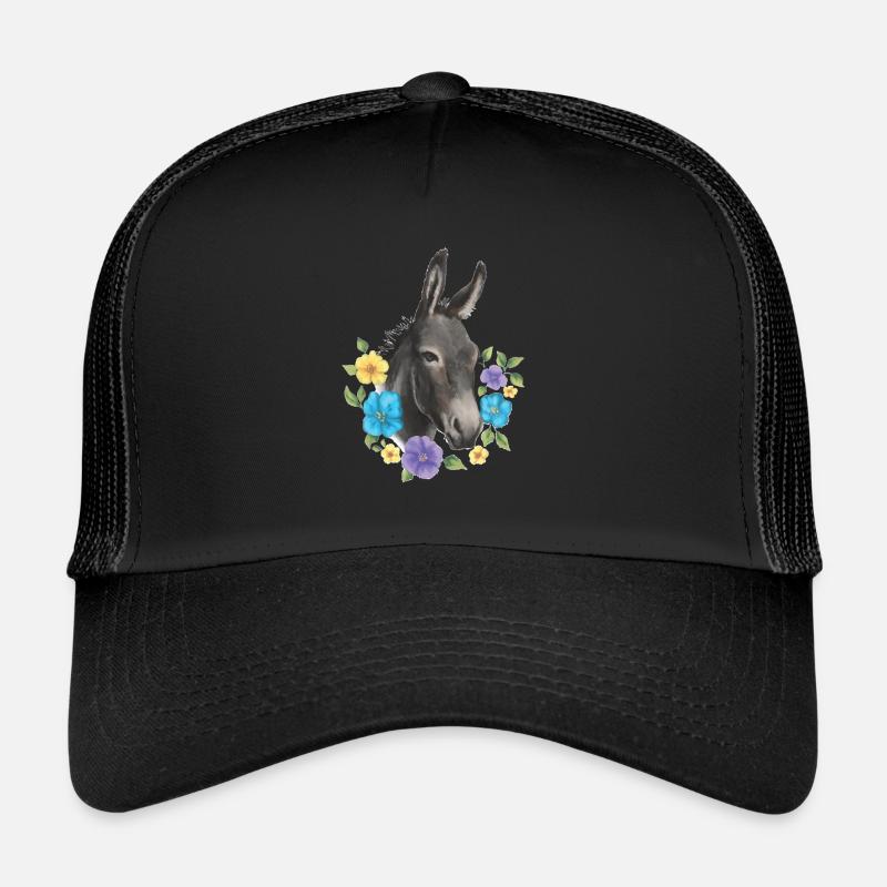 Esel und Blumen - Trucker Cap - Schwarz/Schwarz