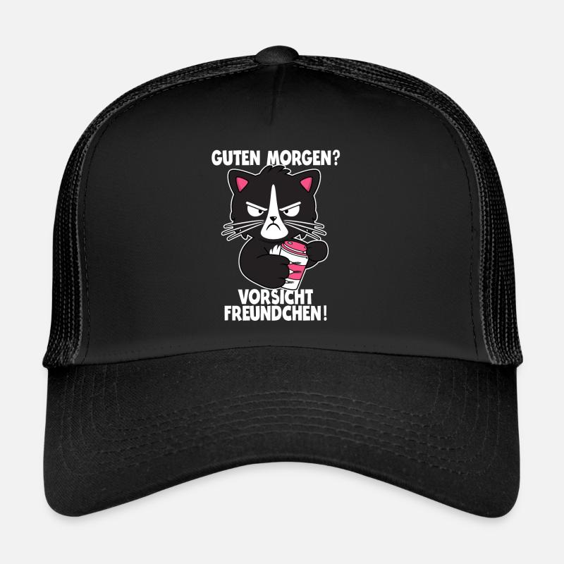 Katze Kaffee Morgenmuffel Langschläfer Geschenk - Trucker Cap - Schwarz/Schwarz
