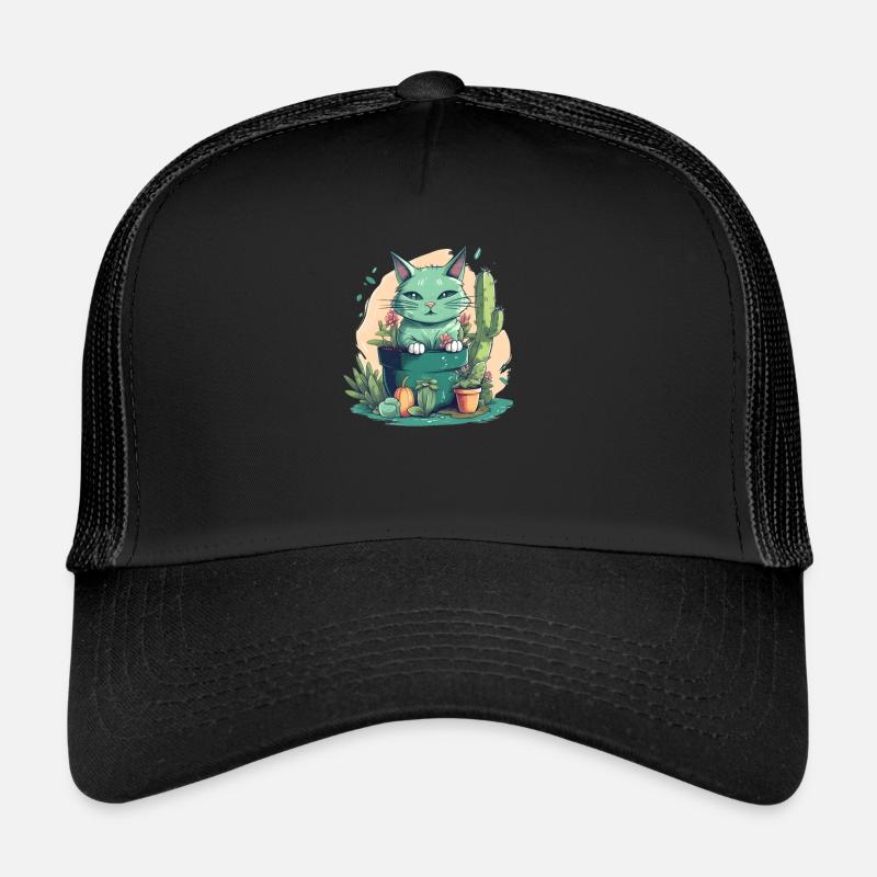 Chat vert en pot de fleurs avec cactus et citrouille Casquette trucker 