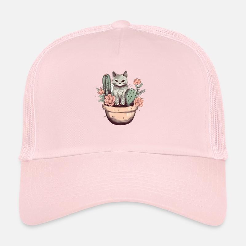 Cat in flowerpot with cactus and flowers Trucker Cap