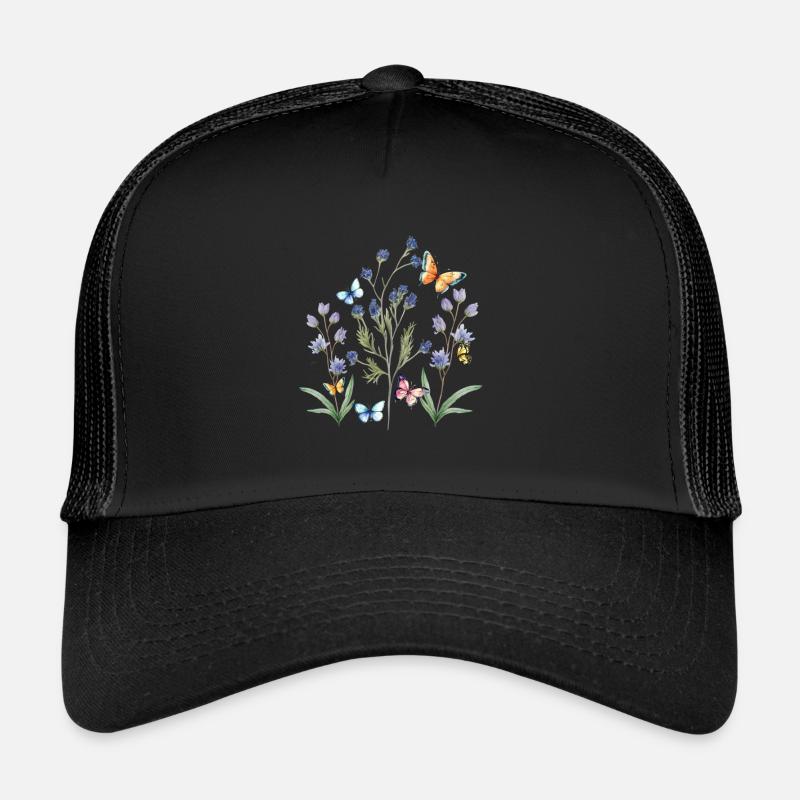 bunte Blumenwiese mit Schmetterlingen - Trucker Cap - Schwarz/Schwarz