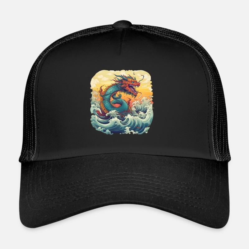 Asiatisch Drache Anime Japanisch Meer Wellen - Trucker Cap - Schwarz/Schwarz
