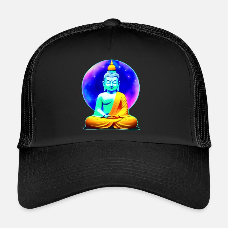 Bunter Buddha in Yoga Position Hintergrund Univers - Trucker Cap - Schwarz/Schwarz