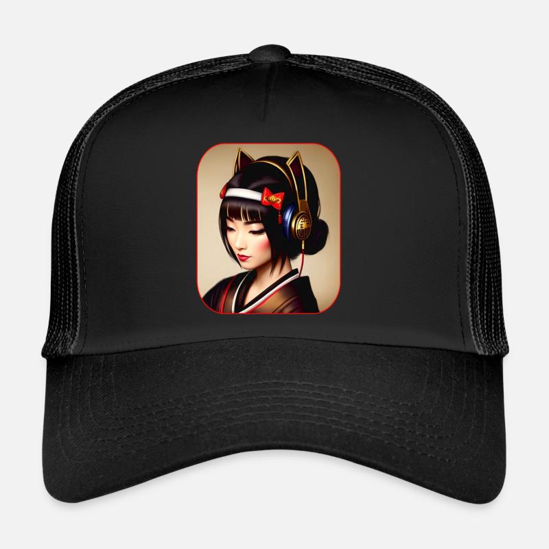Moderne Geisha mit Kopfhörer Trucker Cap