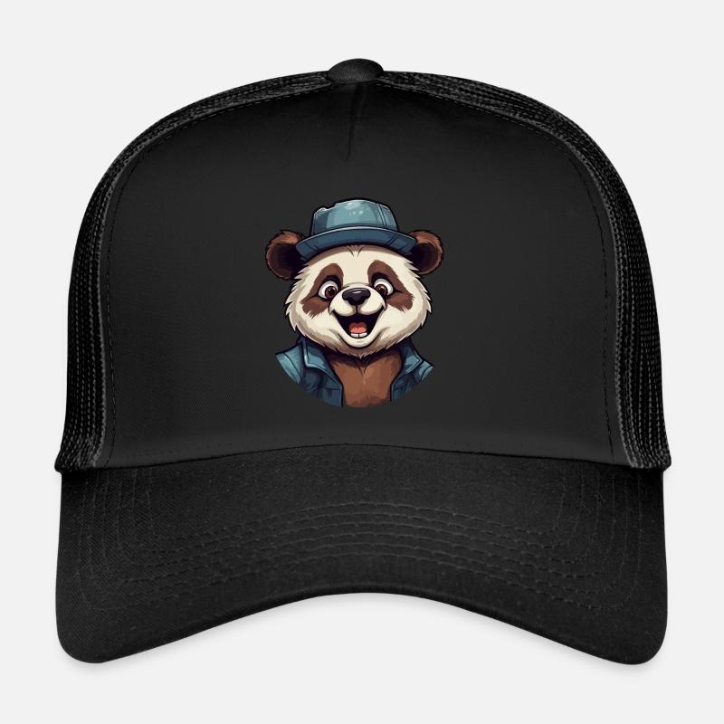 Cute cartoon panda bear with cap and jacket laughing Trucker Cap