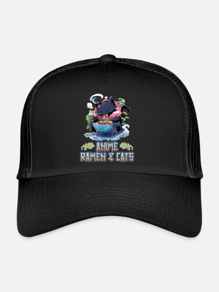 Anime Manga Kawaii Cat Eats Ramen Noodles - Trucker Cap - black/black - Front
