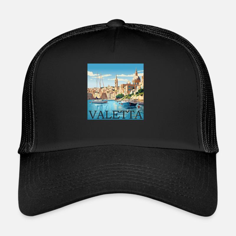 Malta Valletta Hafen Straight Cut Design - Trucker Cap - Schwarz/Schwarz