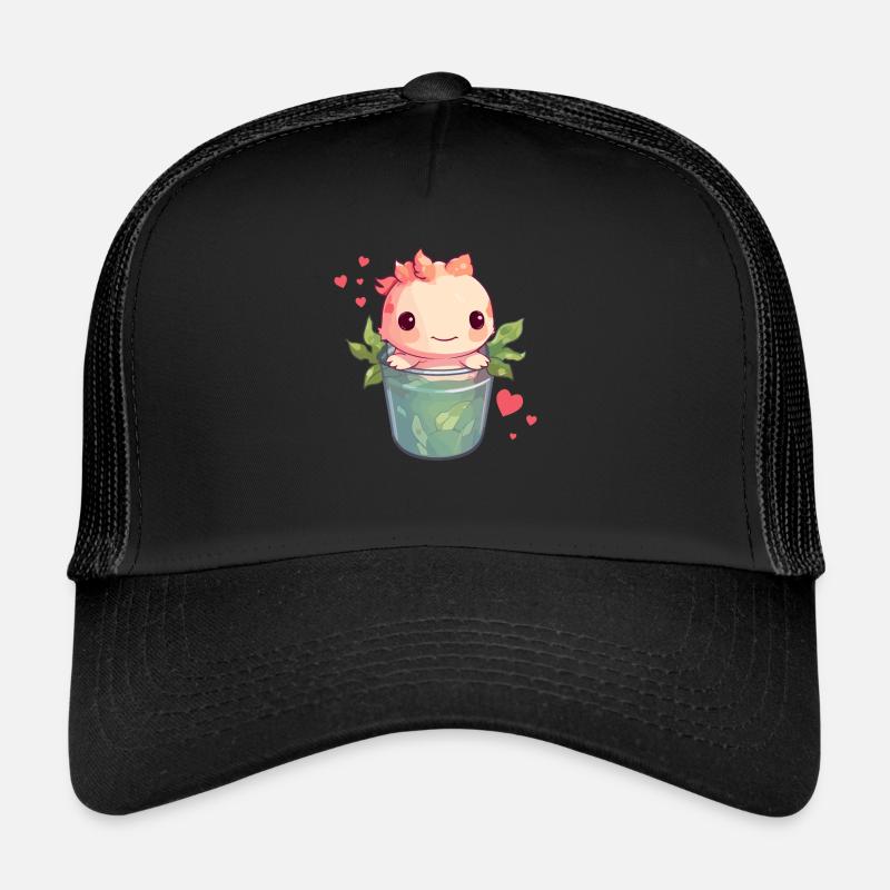 Axolotl Niedlicher Boba Bubble Tea Kawaii - Trucker Cap - Schwarz/Schwarz