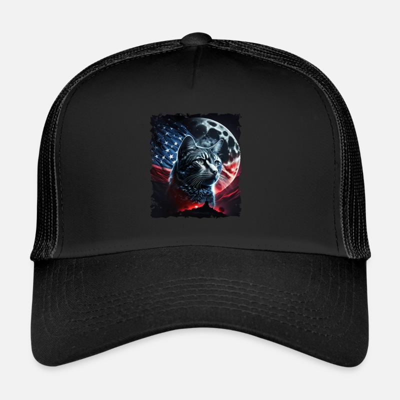 America cat under Moon with American Flag Trucker Cap