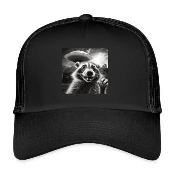 Funny Frightened Raccoon Selfie UFO Alien - Trucker Cap - black/black - Front