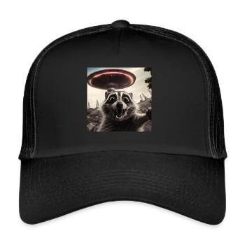 Funny Frightened Raccoon Selfie UFO Alien - Trucker Cap - black/black - Front