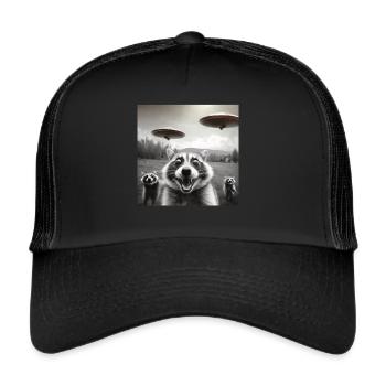 Funny Frightened Raccoon Selfie UFO Alien - Trucker Cap - black/black - Front