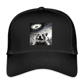 Funny Frightened Raccoon Selfie UFO Alien - Trucker Cap - black/black - Front