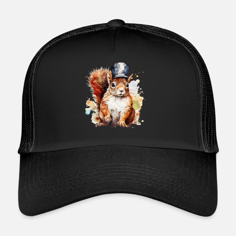 Aquarell Eichhörnchen Eisenbahner - Trucker Cap - Schwarz/Schwarz