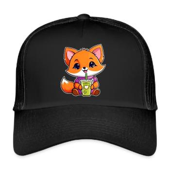 Cute Fox with Bubble Tea - Trucker Cap - black/black - Front