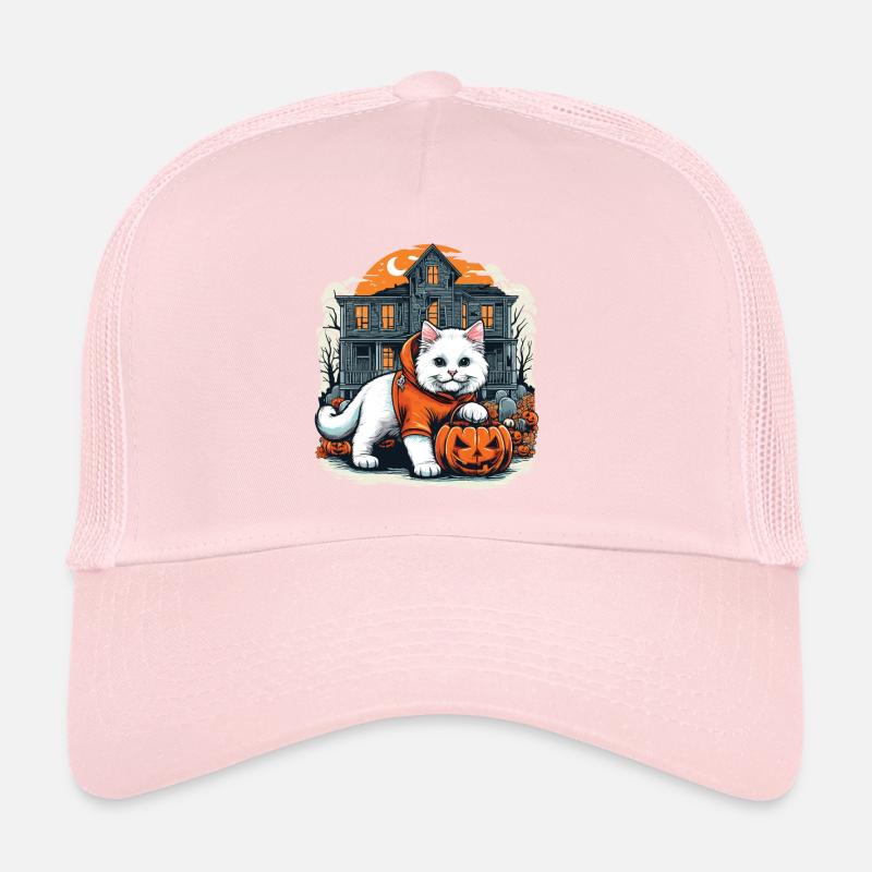 Halloween weiße Katze im Kapuzenpullover mit Spukhaus Trucker Cap