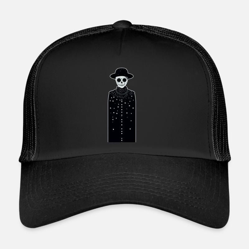 A smiling white skeleton wearing a hat and long Trucker Cap