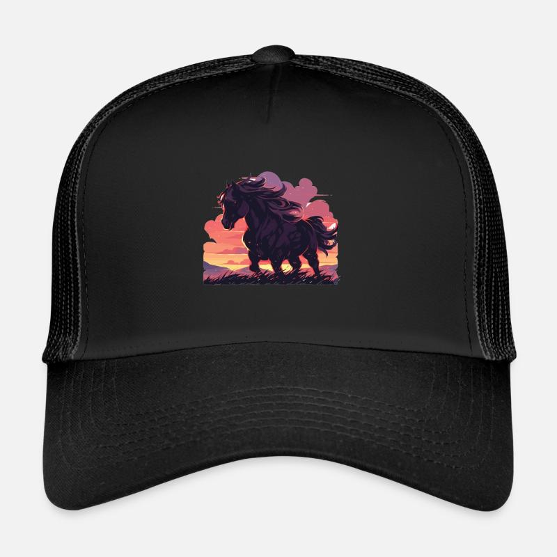 Pferde Schwarzes Pferd Pferd Sonnenuntergang Trucker Cap