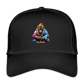 Chimpanzee playing chess art, monkey chess - Trucker Cap - black/black - Front