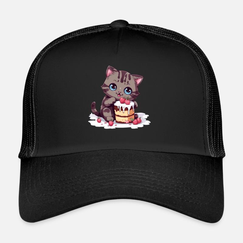 Cherry pie delight: Cute cartoon cat nibbles Trucker Cap