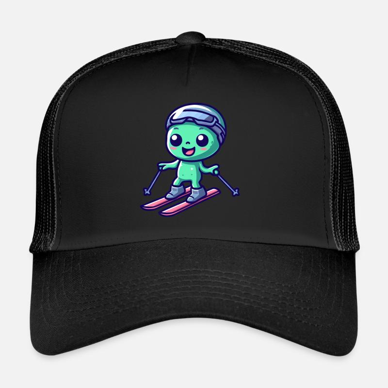 Green Alien Skiing Alien Trucker Cap