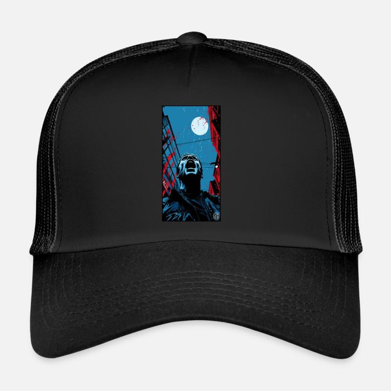 Ein junger Mann schreit im Horror der dunklen Stad Trucker Cap