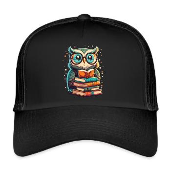 Hibou sur une pile de livres - Casquette trucker  - noir/noir - Devant
