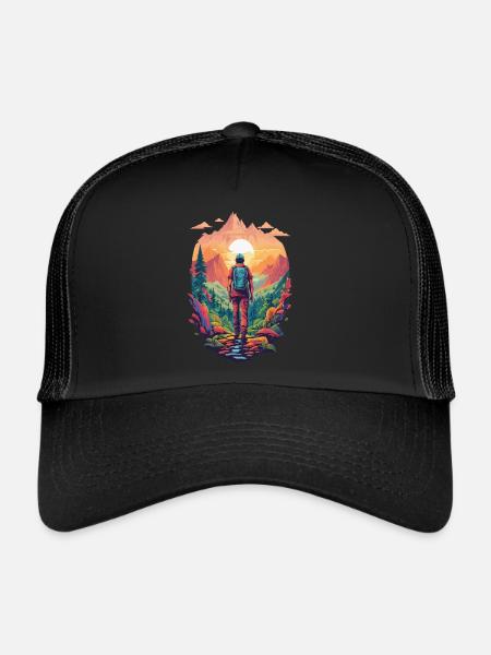 Nature Randonnée Camping Fantaisie Design Montagnes Forêt - Casquette trucker  - noir/noir - Devant