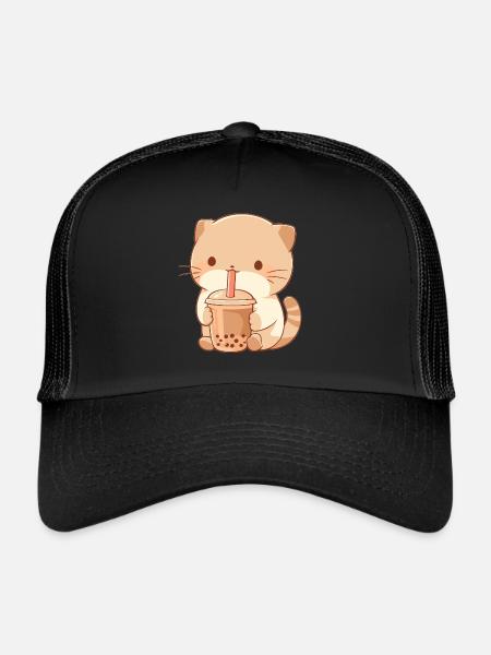 Kawaii Cat Drinks Boba Bubble Tea Chibi - Trucker Cap - black/black - Front