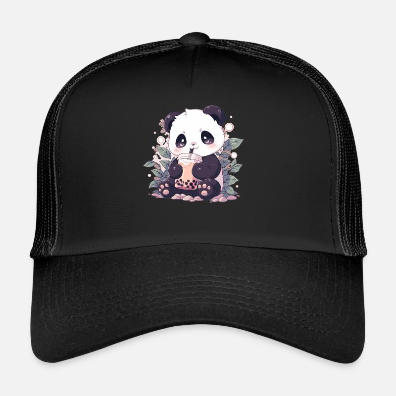 Kawaii Panda trinkt Boba Bubble Tea Chibi - Trucker Cap - Schwarz/Schwarz