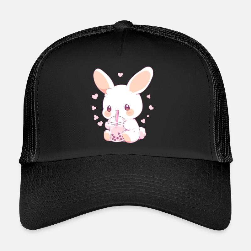 Kawaii Bunny boit Boba Bubble Tea Chibi - Casquette trucker  - noir/noir