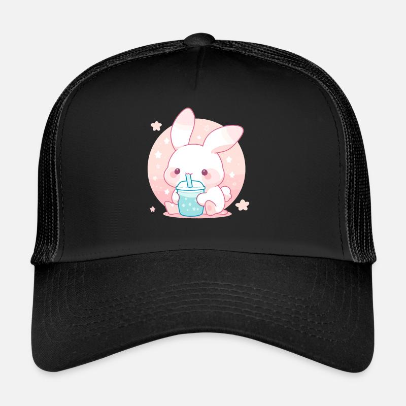 Kawaii Hase trinkt Boba Bubble Tea Chibi - Trucker Cap - Schwarz/Schwarz
