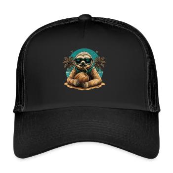 Tropen-Chill: Faultier mit Kokosnuss - Trucker Cap - Schwarz/Schwarz - Vorne