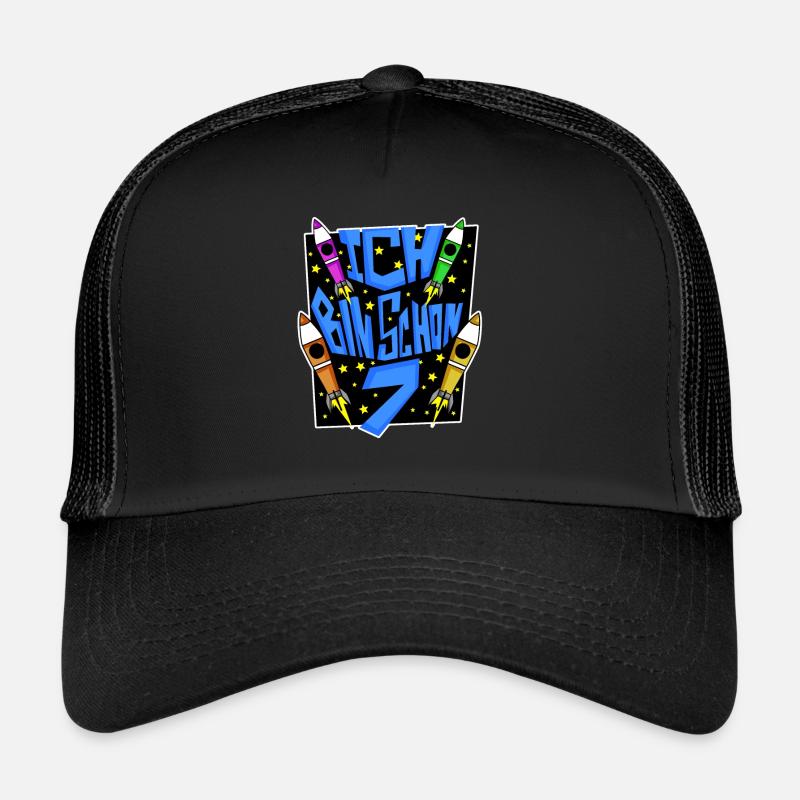 7 Geburtstag Junge Astronaut Rakete - sieben Jahre - Trucker Cap - Schwarz/Schwarz