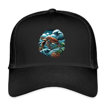 Tortue de la vie marine : vagues de l’océan et coraux - Casquette trucker  - noir/noir - Devant