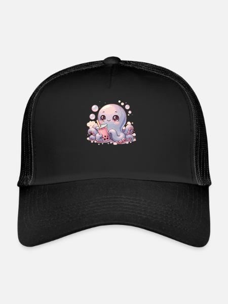 Octopus Drinking Bubble Tea kawaii Boba Octopus - Trucker Cap - black/black - Front