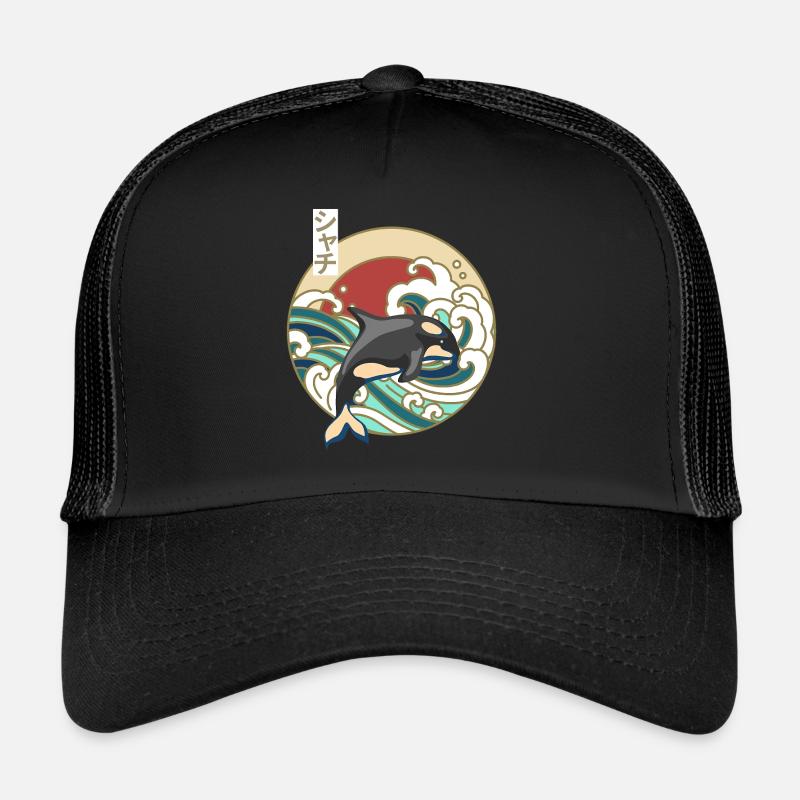 Retro Great Wave Japanese Killer Whale Orca - Trucker Cap - black/black