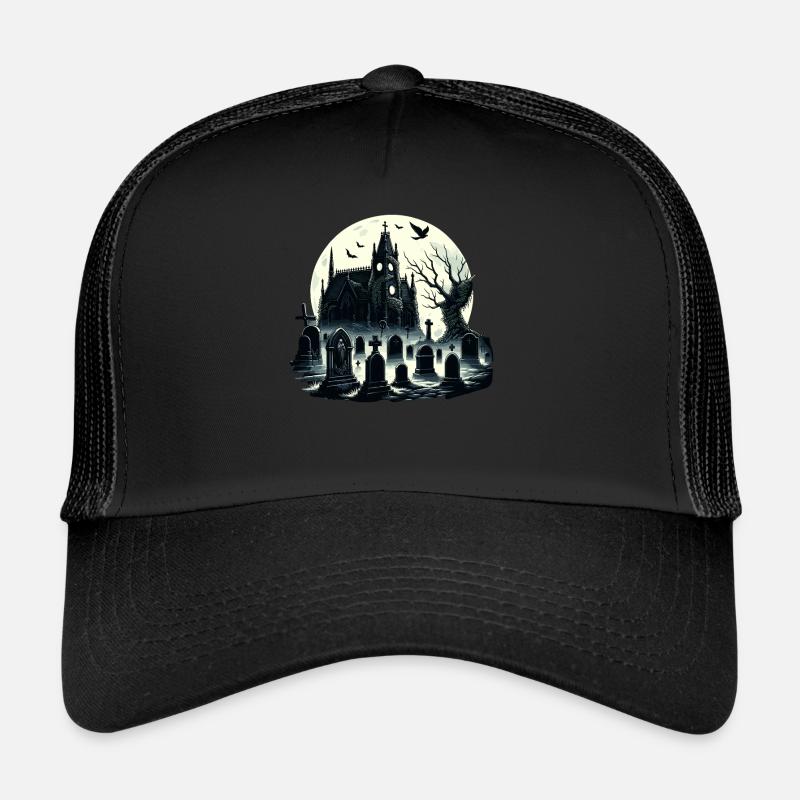 Rätselhafter gotischer Friedhof: Nebliges Mondlicht - Trucker Cap - Schwarz/Schwarz