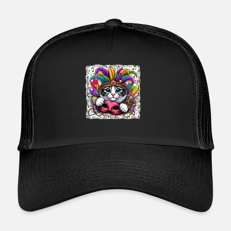Mardi Gras Cat Mask Feather Headdress Trucker Cap